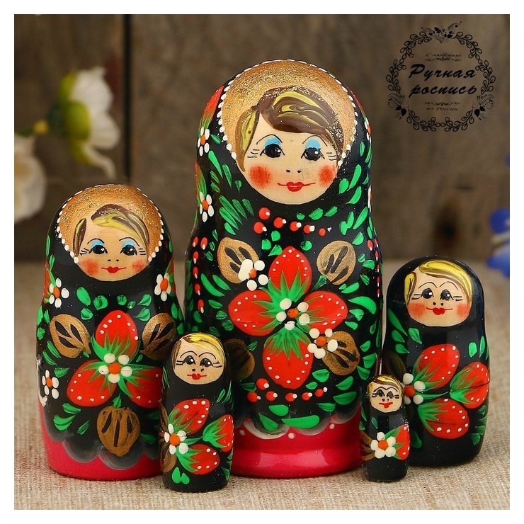 

Матрёшка «Хохлома», чёрный платок, красное платье, 5 кукольная, 10 см, Разноцветный