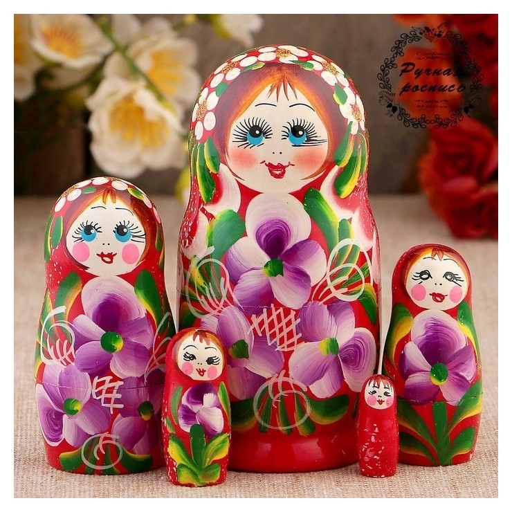 

Матрёшка, красное платье, 5 кукол, Фиалки, 12 см, Разноцветный
