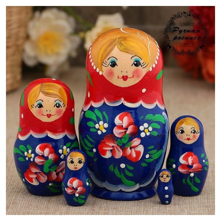 

Матрёшка «Красные цветочки», красный платок, 5 кукольная, 10 см, Разноцветный