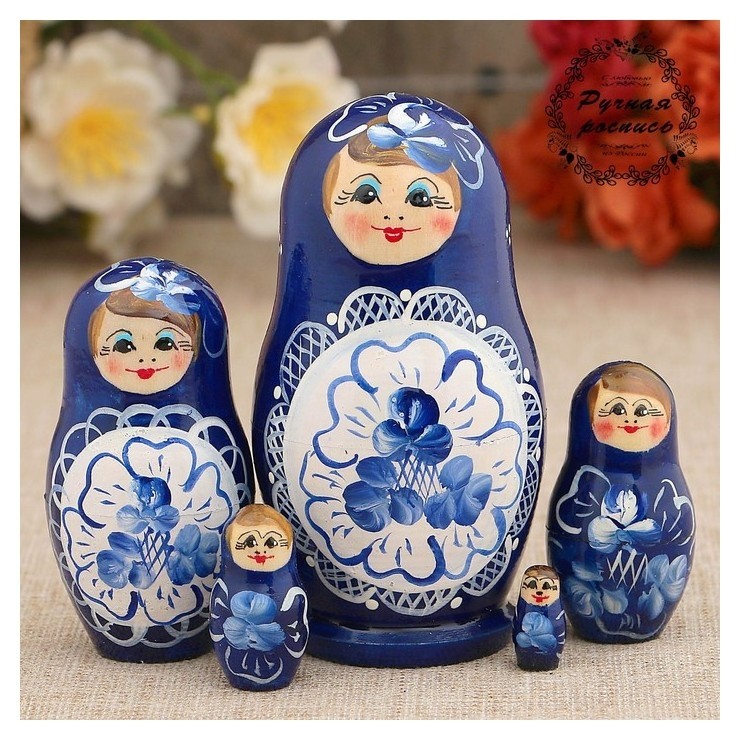 

Матрёшка Гжель, синее платье, 5 кукол, 10 см, Разноцветный
