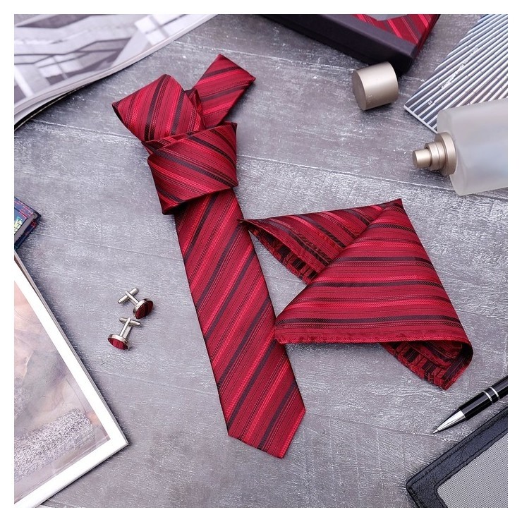 Набор мужской "Элит" галстук 145*5см самовяз, платок, запонки, полоски, цвет красно-чёрный 