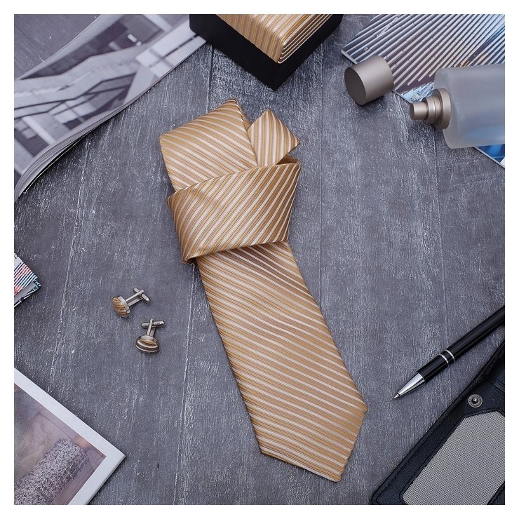 Набор мужской "Стиль" галстук 145*5см самовяз, запонки, линии тонкие, цвет золотой 