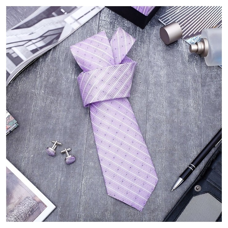 Набор мужской "Стиль" галстук 145*5см самовяз, запонки, линии, цвет сиреневый 