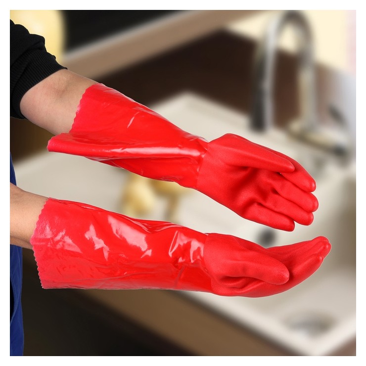 Перчатки хозяйственные латексные с утеплителем, размер L, длинные манжеты, 100 гр, цвет красный