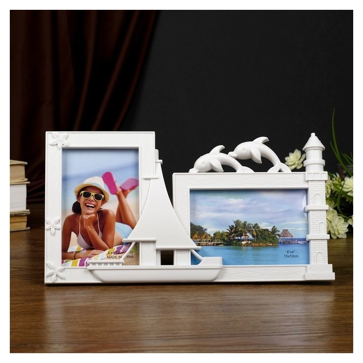 

Фоторамка пластик на 2 фото 10х15 см "Парусник и дельфины" белая 17,5х33,5 см, Белый