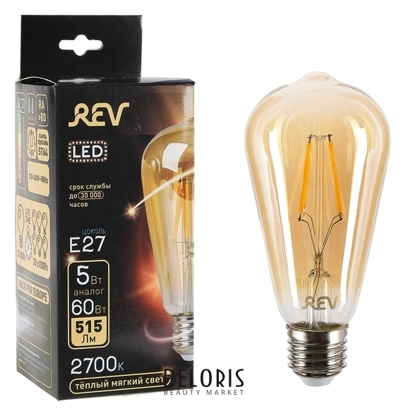 Лампа светодиодная REV LED Filament Vintage, St64, 5 Вт, E27, 2700 K, теплый свет REV