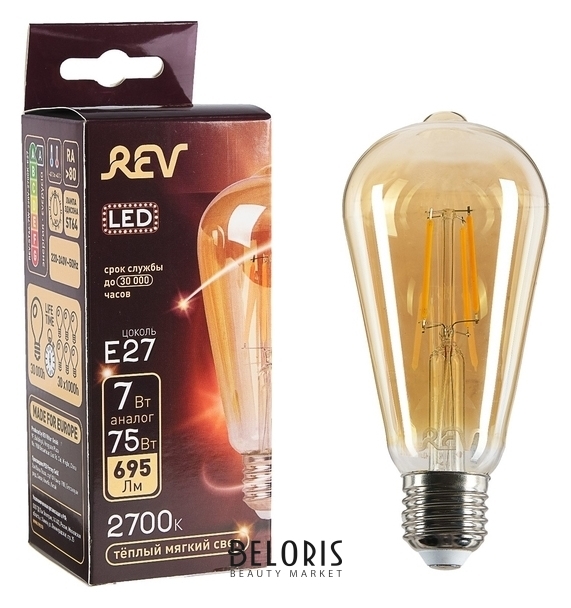 Лампа светодиодная REV LED Filament Vintage, St64, 7 Вт, E27, 2700 K, теплый свет REV