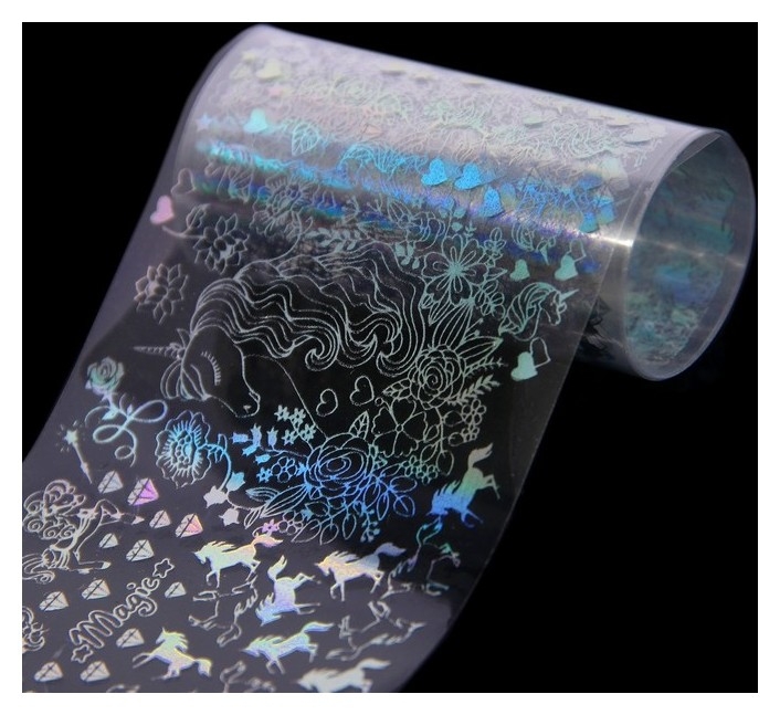 Переводная фольга для декора «Единороги», 4 × 50 см, цвет голографичный серебристый