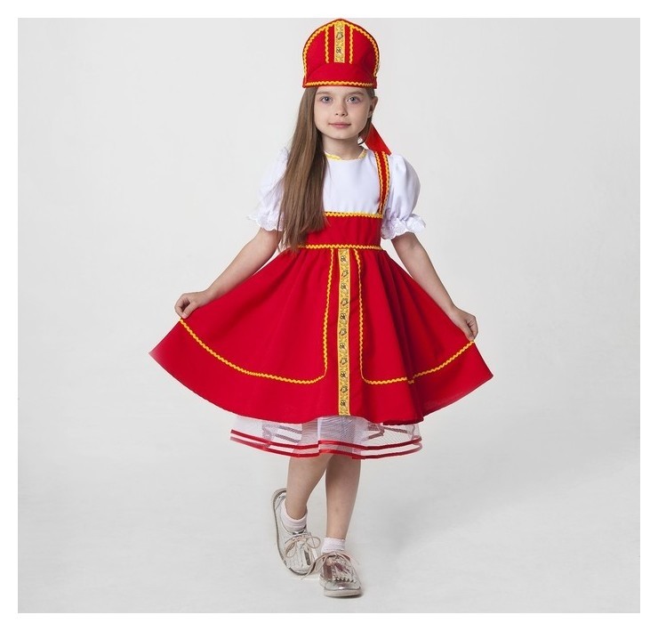 Русский народный костюм, кокошник, сарафан с рубашкой, цвет красный, рост 122-128, 6-7 лет