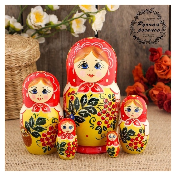 

Матрёшка «Рябинка», красный платок, 5 кукольная, 17 см, Разноцветный
