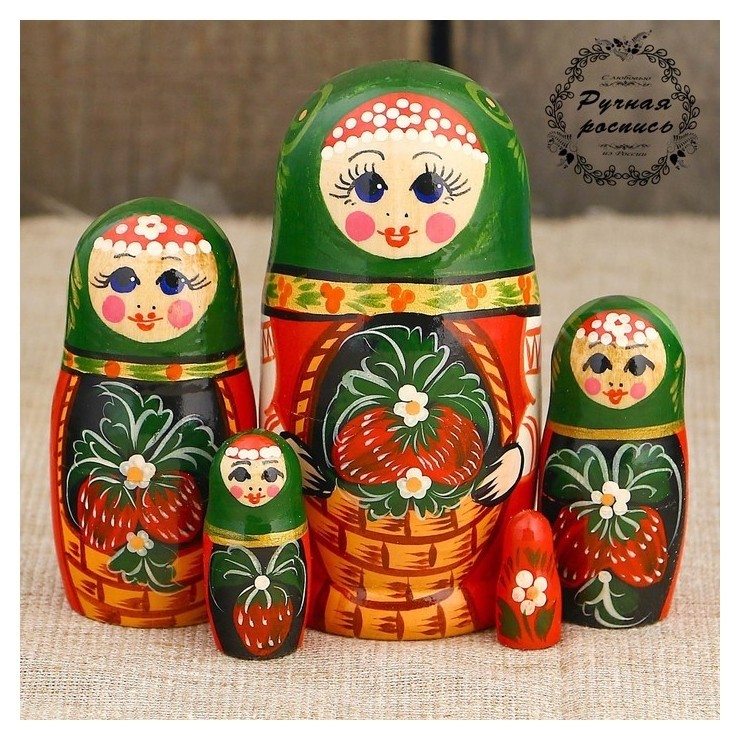 

Матрёшка «Земляничка в корзинке», зелёный платок, 5 кукольная, 10 см