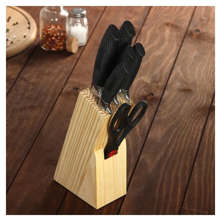 Набор кухонный, 6 предметов: 5 ножей 8,5/12/12/19,7/19 см, ножницы, цвет черный  