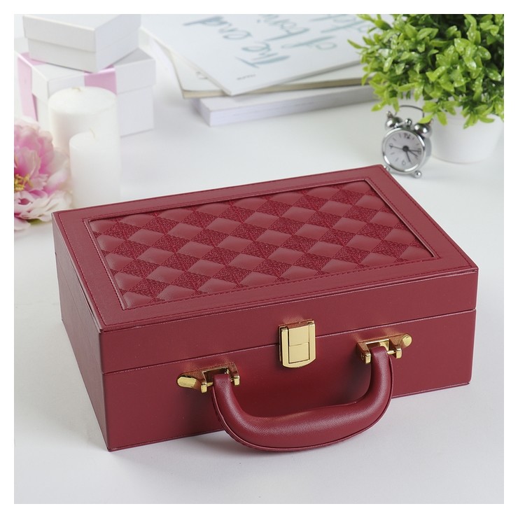 

Шкатулка кожзам для украшений чемодан "Крупная клетка" красная 9х25х17, Красный