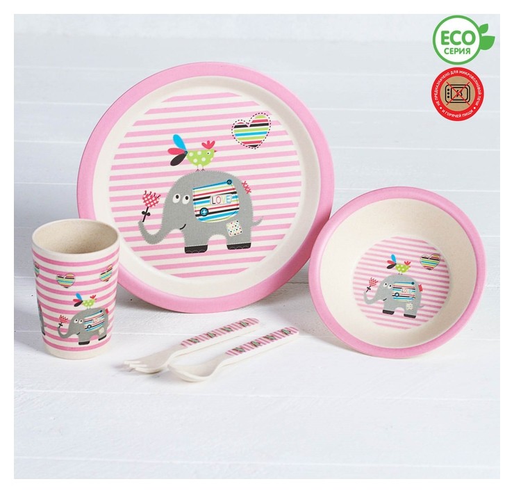 Набор детской посуды из бамбука «Розовый слоник», 5 предметов: тарелка, миска, стакан, столовые приборы