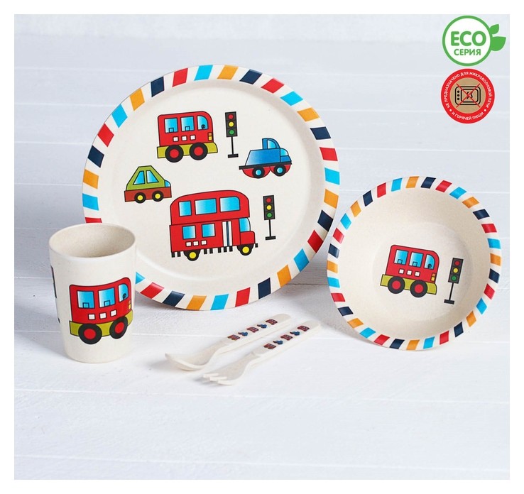 Набор детской посуды из бамбука «Машинки», 5 предметов: тарелка, миска, стакан, столовые приборы