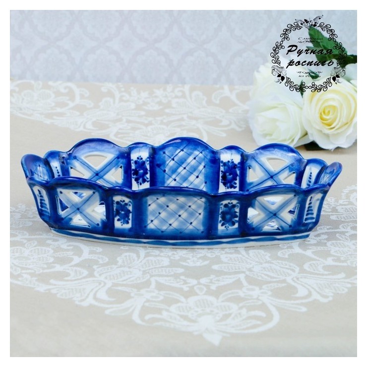 

Сухарница "Батон", гжель, фарфор, 7х29 см, Синий