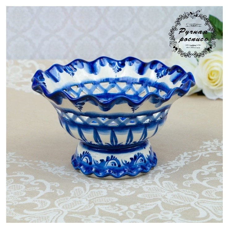 

Конфетница "Волна", гжель, фарфор, 10х20 см, Синий
