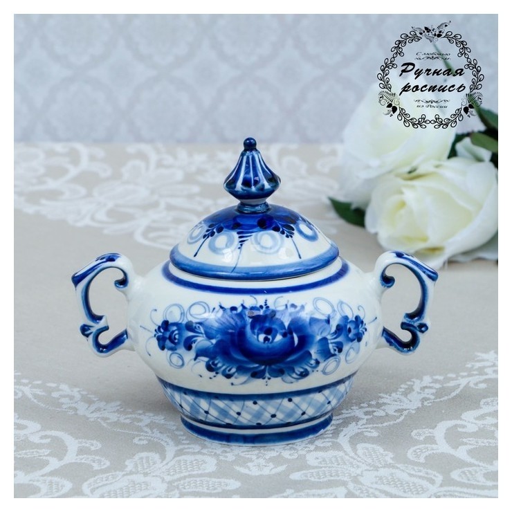 

Сахарница, гжель, фарфор, автор маланина, 15х18 см, Белый