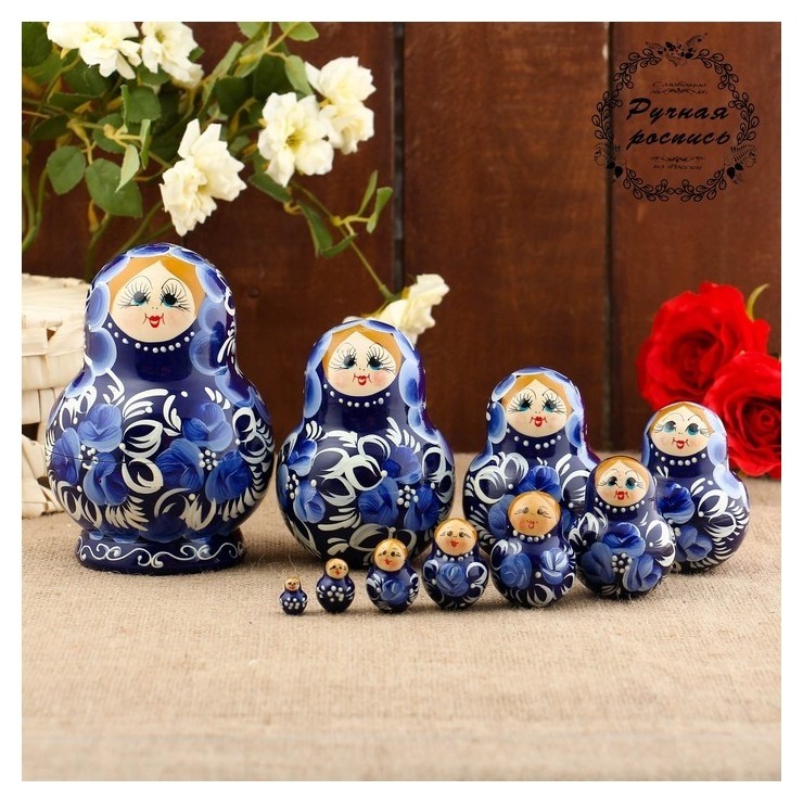 

Матрёшка «Гжель», синее платье, 10 кукольная, 13 см