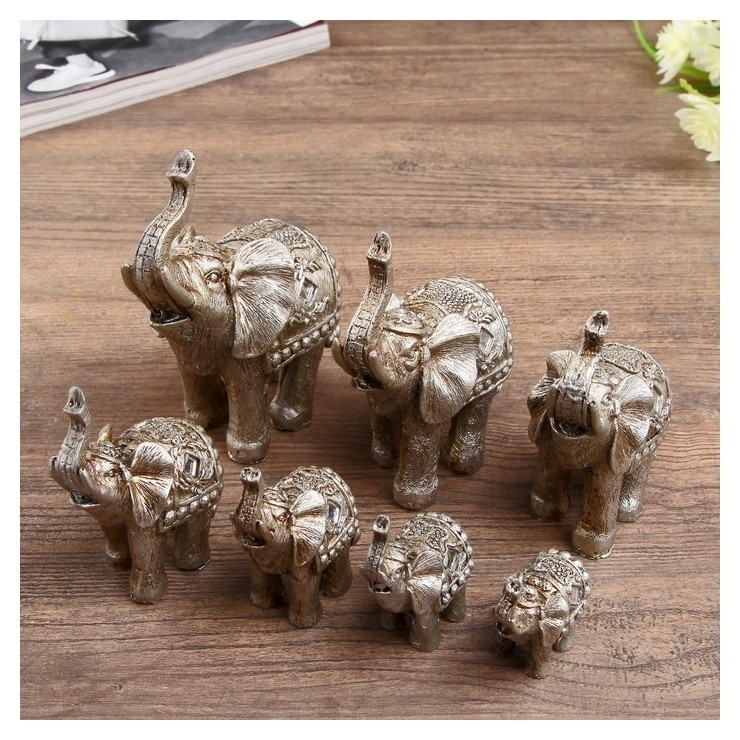 

Сувенир полистоун "Слоны серебристая попона" набор 7 шт H=12; 10,5; 9,5; 8; 7; 6; 5 см, Серебристый