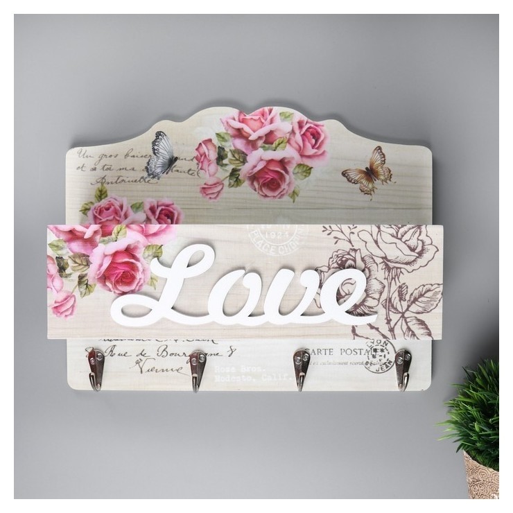 

Крючки декоративные с кармашком "Розовые розы с бабочками" 22,5х30х10, Разноцветный