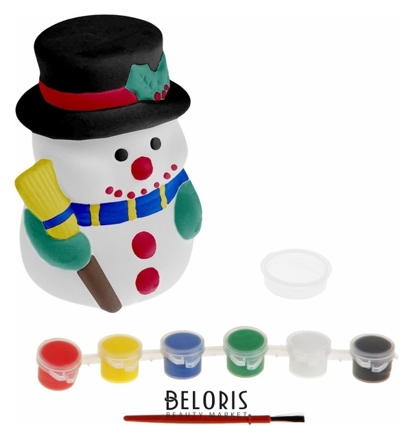 Роспись по керамике — копилка «Снеговик с метлой» + краски 6 цветов по 3 мл, кисть NNB