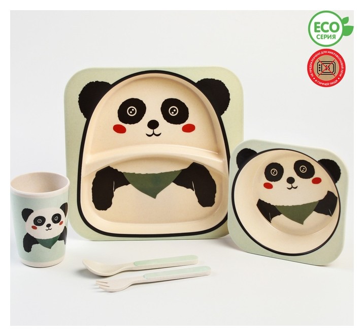Набор бамбуковой посуды «Панда», 5 предметов: тарелка, миска, стакан, вилка, ложка