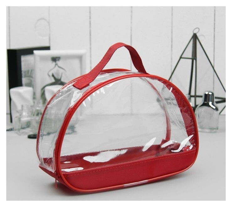Косметичка пвх, отдел на молнии, прозрачная, с ручкой, цвет красный  