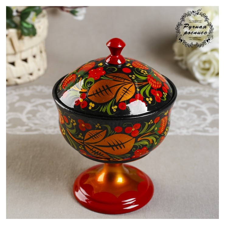 

Конфетница большая с крышкой, хохлома, Красный