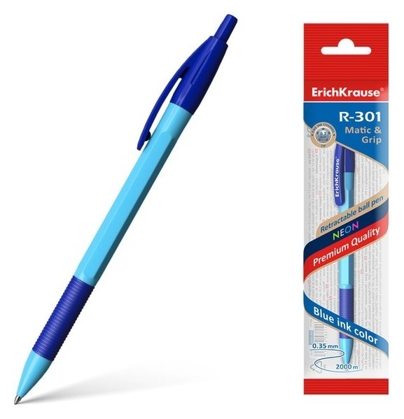 

Ручка шариковая автомат Erichkrause "R-301 Neon Matic&grip" узел 0.7, чернила синие 46771
