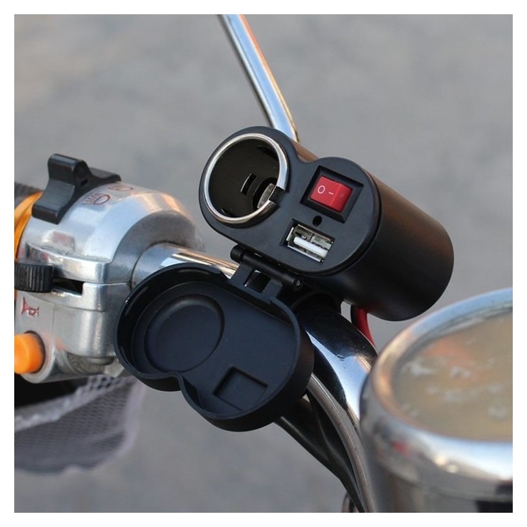 Зарядное устройство с тумблером, на руль мотоцикла, USB + прикуриватель, провод 120 см