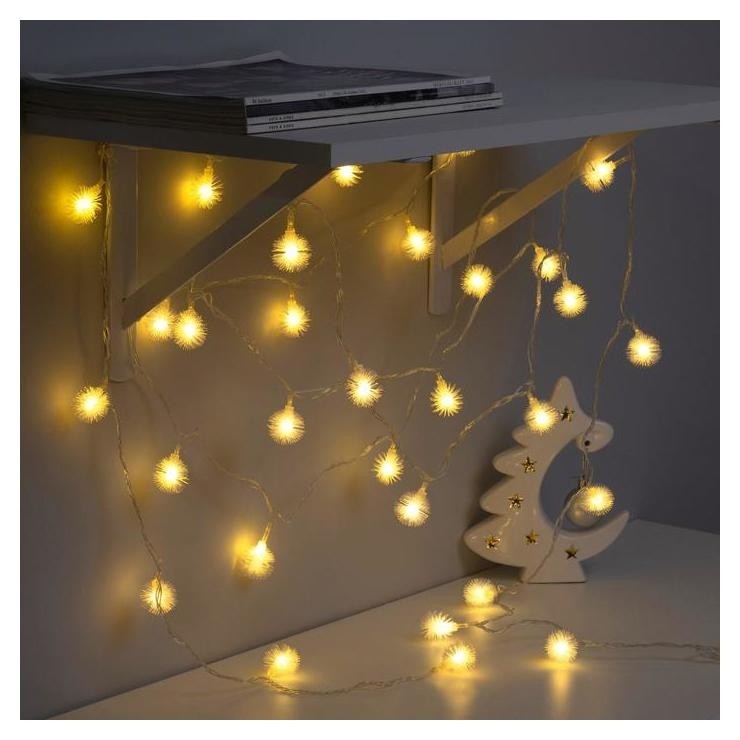 

Гирлянда "Нить"5 м с насадками"ёжики белые", Ip20, прозрачная нить, 30 Led, свечение тёплое белое, 8 режимов, 220 В