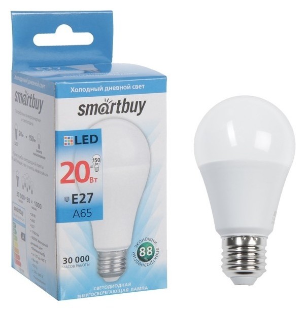 

Лампа Cветодиодная Smartbuy, A65, E27, 20 Вт, 6000 К, холодный белый свет