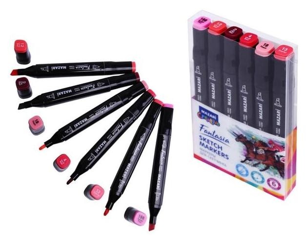 Набор двухсторонних маркеров для скетчинга Mazari Fantasia 6 цветов Pink Colors (Розовые цвета), пишущие узлы 3.0-6.2 мм