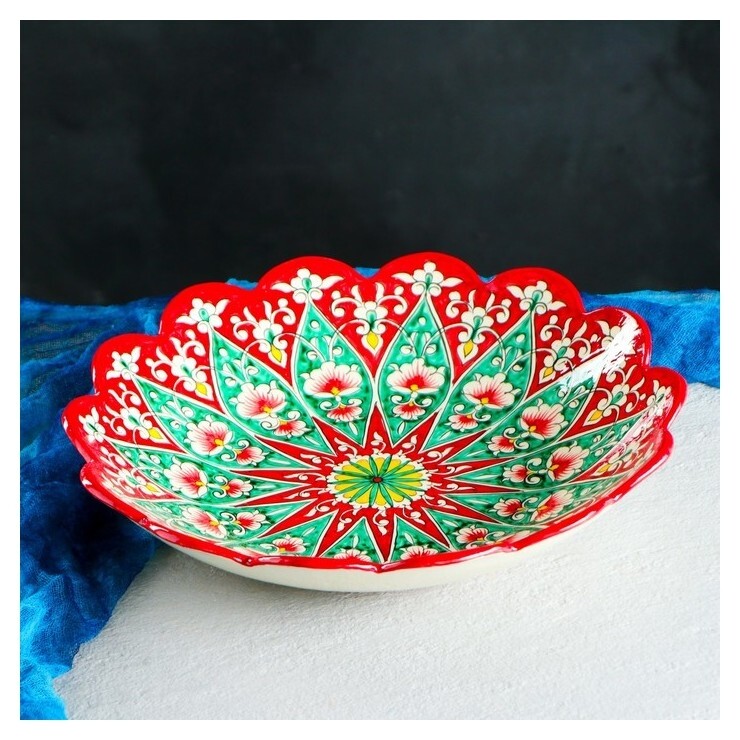 Ляган круглый глубокий 33см, красный  Риштанская керамика