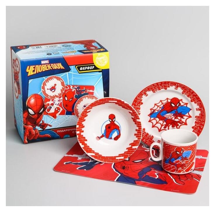 Набор посуды «Человек-паук», 4 предмета: тарелка Ø 16,5 см, миска Ø 14 см, кружка 200 мл, коврик в подарочной упаковке, человек-паук