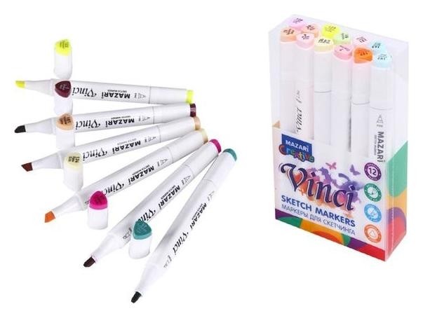 

Набор двухсторонних маркеров для скетчинга Mazari Vinci 12 цветов Pastel Colors (Пастельные цвета), пишущие узлы 1.0-6.2 мм, Микс