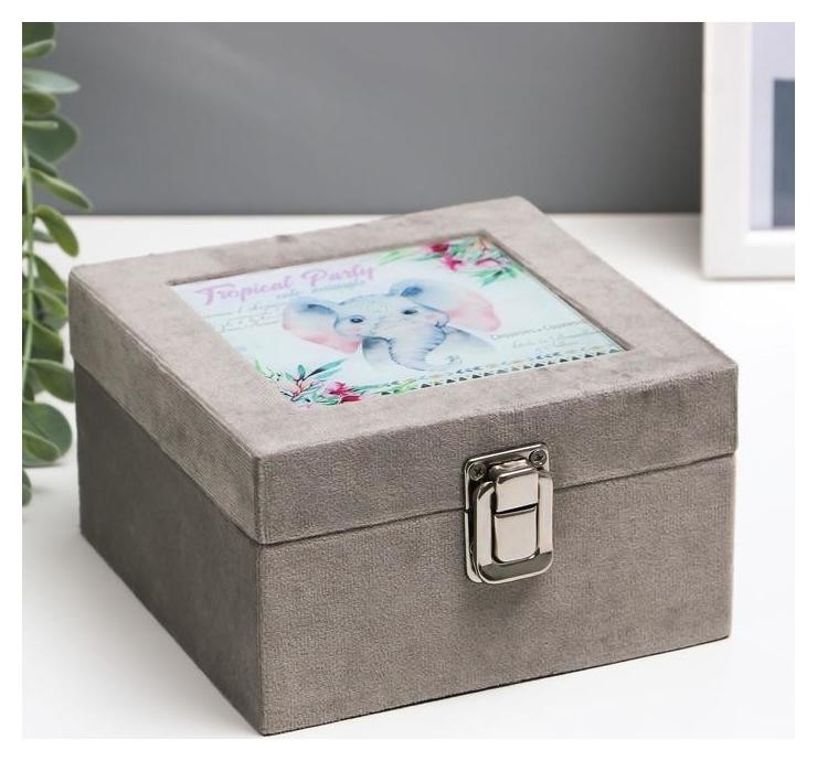 

Шкатулка дерево "Милый слонёнок" бархат, стекло 8х14х14 см, Серый