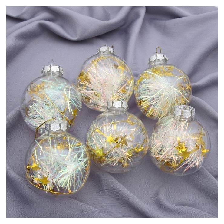 

Набор шаров пластик D-8 см, 6 шт "Льдинка - мишура", Прозрачный