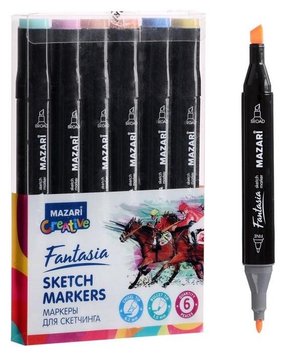 Маркер худож набор Mazari Fantasia 6цв Pastel Colors 2 (2ст:пулевид3.0/клиновид6.2) ПВХ