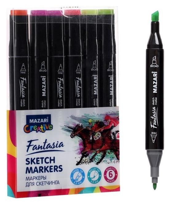 Маркер худож набор Mazari Fantasia 6цв Fluorescent Colors (2ст:пулевид3.0/клиновид6.2)пвх