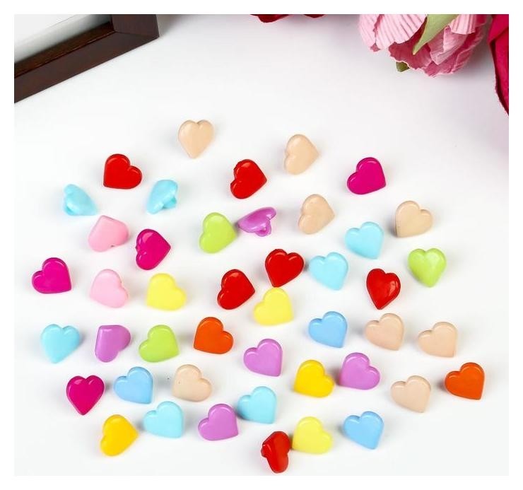 

Пуговицы пластик для творчества на ножке "Цветные сердечки" набор 60 шт 1,2х1,2 см, Микс