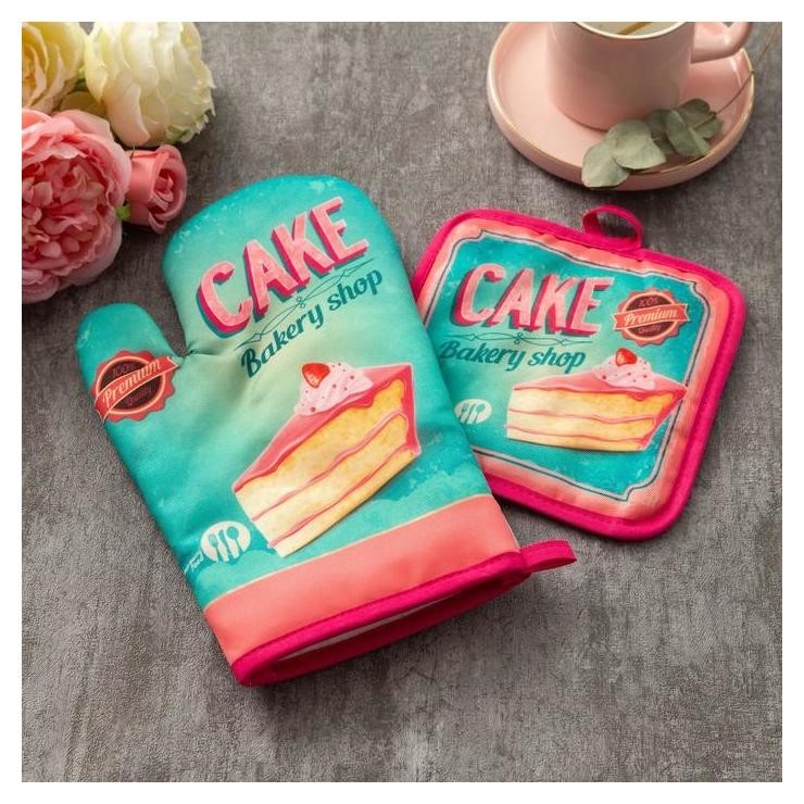 

Кухонный набор «Доляна» Cake, прихватка 17х17 см, рукавица 26х16 см, Розовый