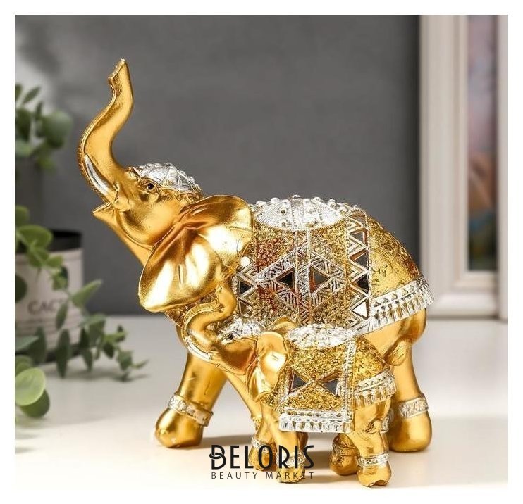 Сувенир полистоун Золотой слон со слонёнком в зеркальной попоне 17,5х15х9,5 см NNB