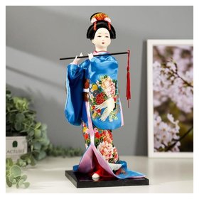 Кукла коллекционная "Японка в шелковом голубом кимоно с флейтой" 30х12,5х12,5 см 