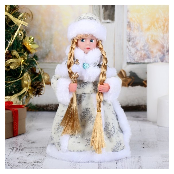 

Снегурочка "Белая шубка" 31 см, с посохом и синей пуговкой, с подсветкой, двигается, без музыки