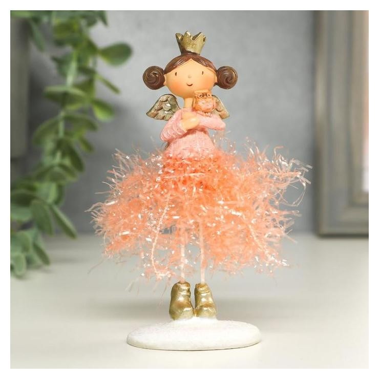 

Сувенир полистоун "Ангелочек-принцесса в юбке-мишуре со зверьком" 12х4х5 см, Розовый