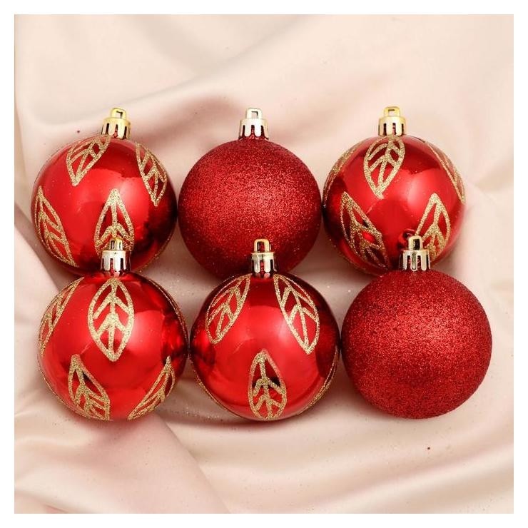 

Набор шаров пластик D-6 см, 6 шт "Блестящие листики" красный