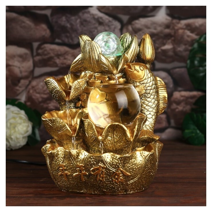 Фонтан настольный от сети, подсветка "Золотой карп и лотосы" золото 26х18х17 см  