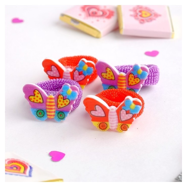 

Резинка для волос "Весёлый глянец" (Набор 4 шт) бабочки с сердечками, Микс